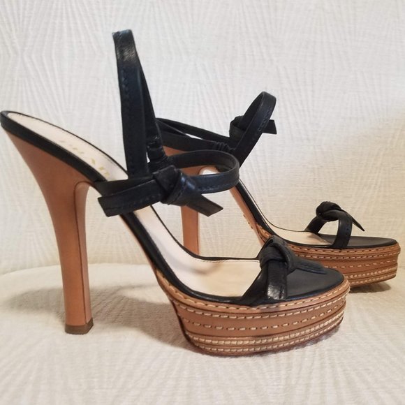 Prada Shoes - Prada Vintage 2009 Black Leather Whipstich High Heel Platform Sandals Sz 39.5/ 9